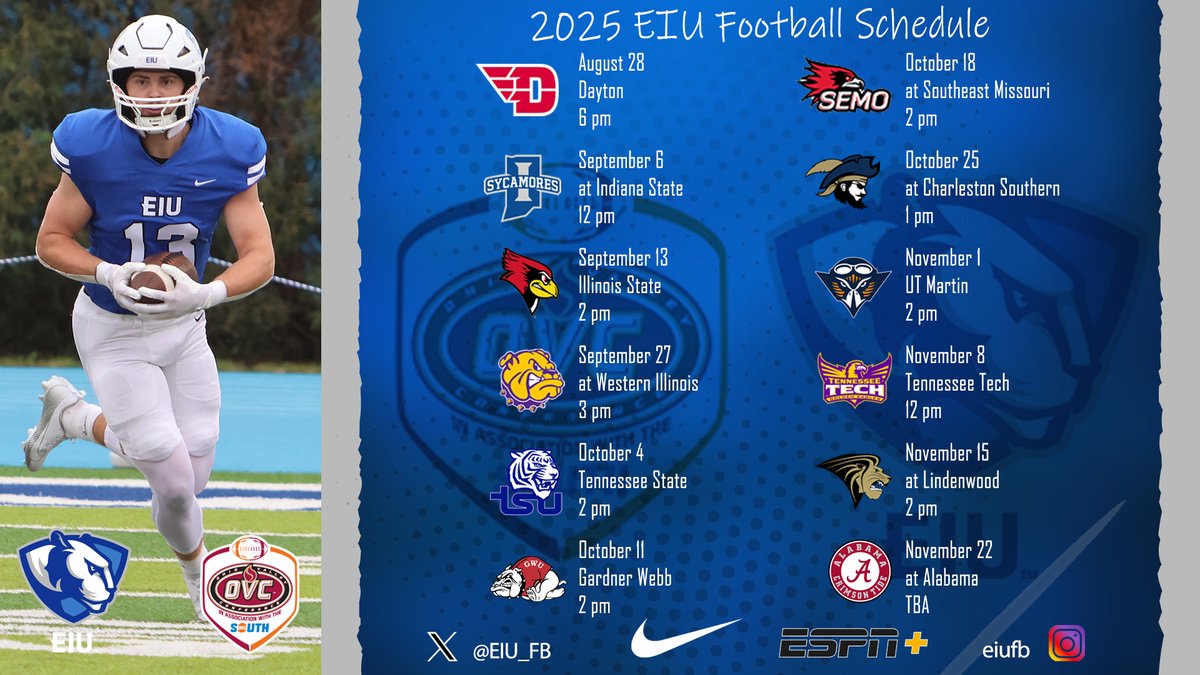 Eastern Illinois Athletics (@eiu_panthers) on Twitter photo Game times for 11 of <a href="/EIU_FB/">Eastern Illinois Football</a> 12 game times are now set with the lone exception the final game on Nov. 22 at Alabama
Six home games at O'Brien Field
All EIU home games and road OVC-Big South football games will be carried on ESPN+
Schedule🏈🗓️👀⬇️
eiupanthers.com/news/2025/6/6/… Game times for 11 of <a href="/EIU_FB/">Eastern Illinois Football</a> 12 game times are now set with the lone exception the final game on Nov. 22 at Alabama
Six home games at O'Brien Field
All EIU home games and road OVC-Big South football games will be carried on ESPN+
Schedule🏈🗓️👀⬇️
eiupanthers.com/news/2025/6/6/…