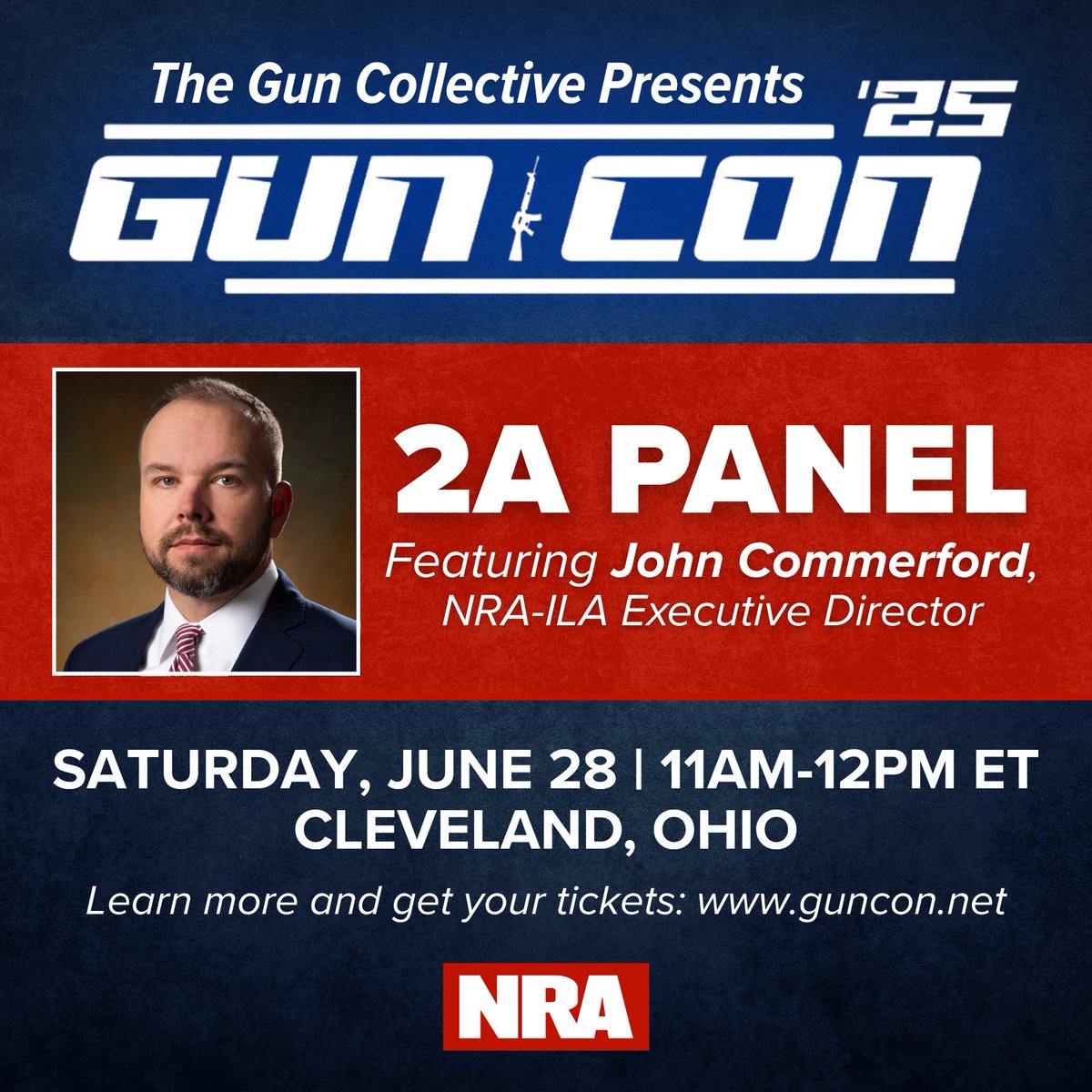 GunCon 2025, presented by @GunCollective, is almost here! NRA-ILA Executive Director John Commerford will be joining the 2A Panel on Saturday, June 28th. 
 
Can’t make it in person? Catch the livestream on The Gun Collective’s YouTube channel.⁩
