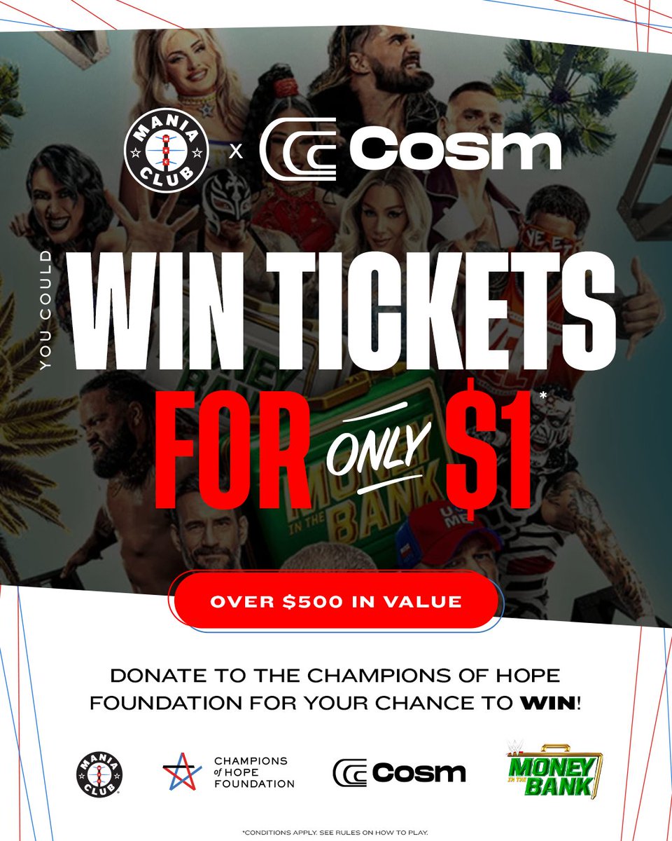 MANIACLUBWWE's tweet image. Who's ready to vibe with us at @CosmDallas?
You could WIN 4 level-3 tickets to watch #MoneyInTheBank
To enter
1. Donate $1 per entry at MCChamps.org
2. Screenshot your donation total in the replies It's that easy.
Contest closes at the end of SmackDown