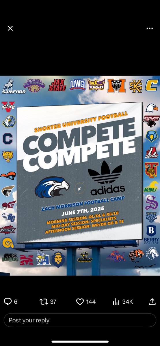 D’Herelle Herrin (@dherelleherrin) on Twitter photo I’m excited to announce that I’ll be attending the Shorter University Football Camp on June 7th, 2025.
This is a great opportunity to compete at a high level and continue developing my game.
#ShorterFootball #CollegeCamp
<a href="/CoachWhitlow/">David Whitlow, Jr.✨</a>
<a href="/CoachHazelray/">DJ Hazelray</a>
<a href="/RickyTurner19/">Ricky Turner</a> I’m excited to announce that I’ll be attending the Shorter University Football Camp on June 7th, 2025.
This is a great opportunity to compete at a high level and continue developing my game.
#ShorterFootball #CollegeCamp
<a href="/CoachWhitlow/">David Whitlow, Jr.✨</a>
<a href="/CoachHazelray/">DJ Hazelray</a>
<a href="/RickyTurner19/">Ricky Turner</a>
