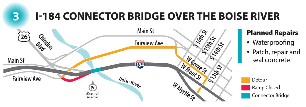 👋Boise River Bridge Update🚧 
The Idaho Transportation Department is repairing the Boise River Bridge. 

Expect: 
Nighttime Work,  9 pm-6 am
Eastbound Chinden on-ramp closed, detour onto Fairview Ave 
Speed limit reduced 
One lane open on connector 
info: ow.ly/2o8X50W5O5e