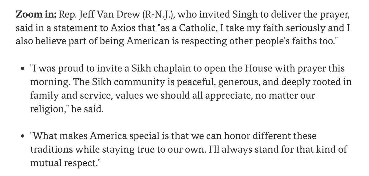 NEW: GOP Rep. Jeff Van Drew, who invited Sikh Giani Singh to deliver the House prayer, pushes back on Rep. Mary Miller saying he should have "never been allowed" to do so.

"Part of being American is respecting other people's faiths," he told <a href="/axios/">Axios</a>  axios.com/2025/06/06/mar…