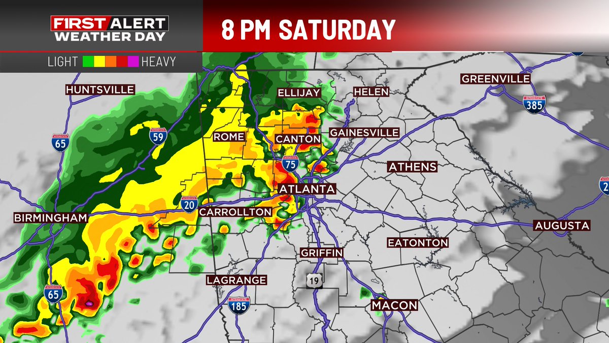 Looking for the threat for severe weather tomorrow late afternoon/evening. West central GA is in a level 3 of 5 risk, mainly for damaging straight-line winds, but an isolated tornado can't be ruled out. The rest of us are under a level 2 of 5 risk #GAwx #ATL