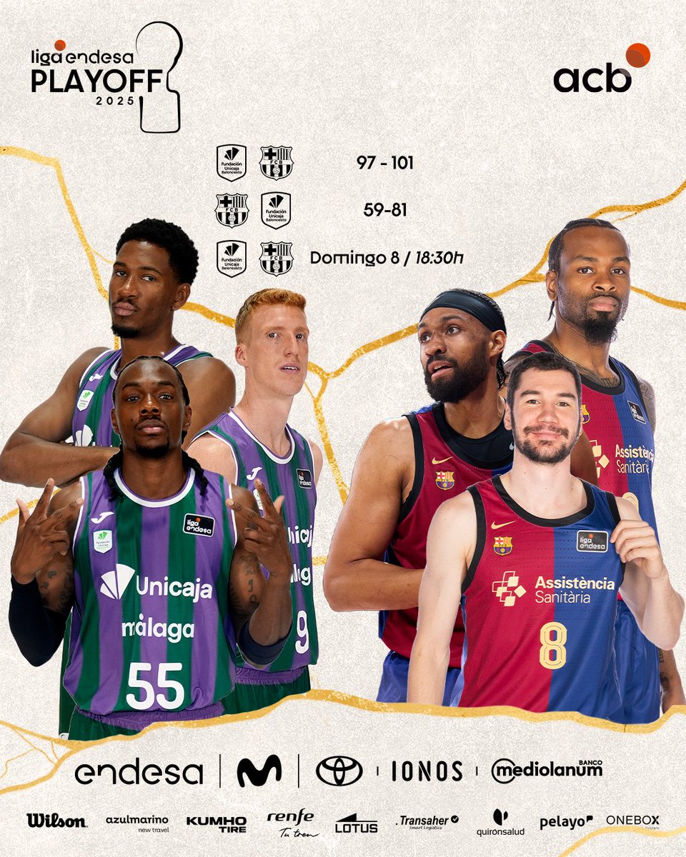 💥 El tercer partido de CUARTOS DE FINAL entre <a href="/unicajaCB/">UnicajaCB</a> y <a href="/FCBbasket/">Barça Basket</a>, tras empatar la serie 1⃣-1⃣, se jugará el domingo 8 a las 18:30h.

#PlayoffLigaEndesa