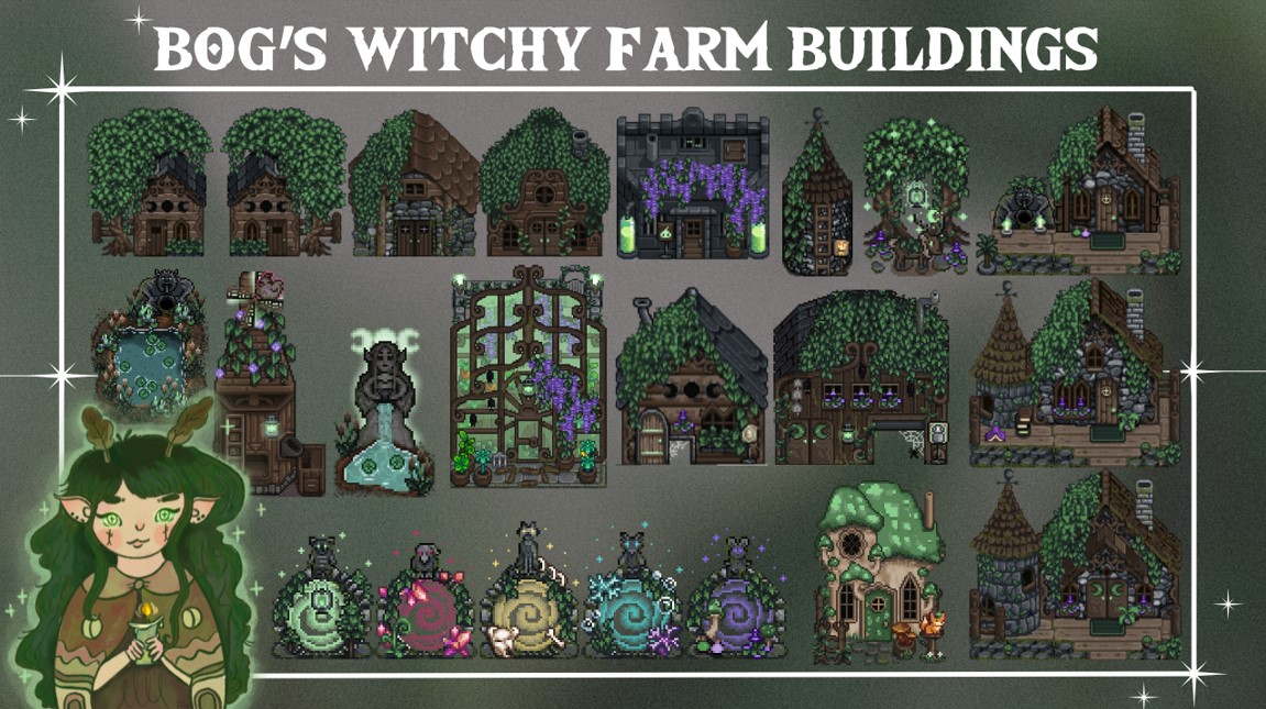 I FINALLY DID IT  

Bog's Witchy Farm Buildings for Stardew Valley are now all complete and bundled into one large mod!  

🍄Seasonal Changes  
🔮desaturated tones 
💀for the goblins, witches, forest folk &amp; ghouls!

🔗: nexusmods.com/stardewvalley/…