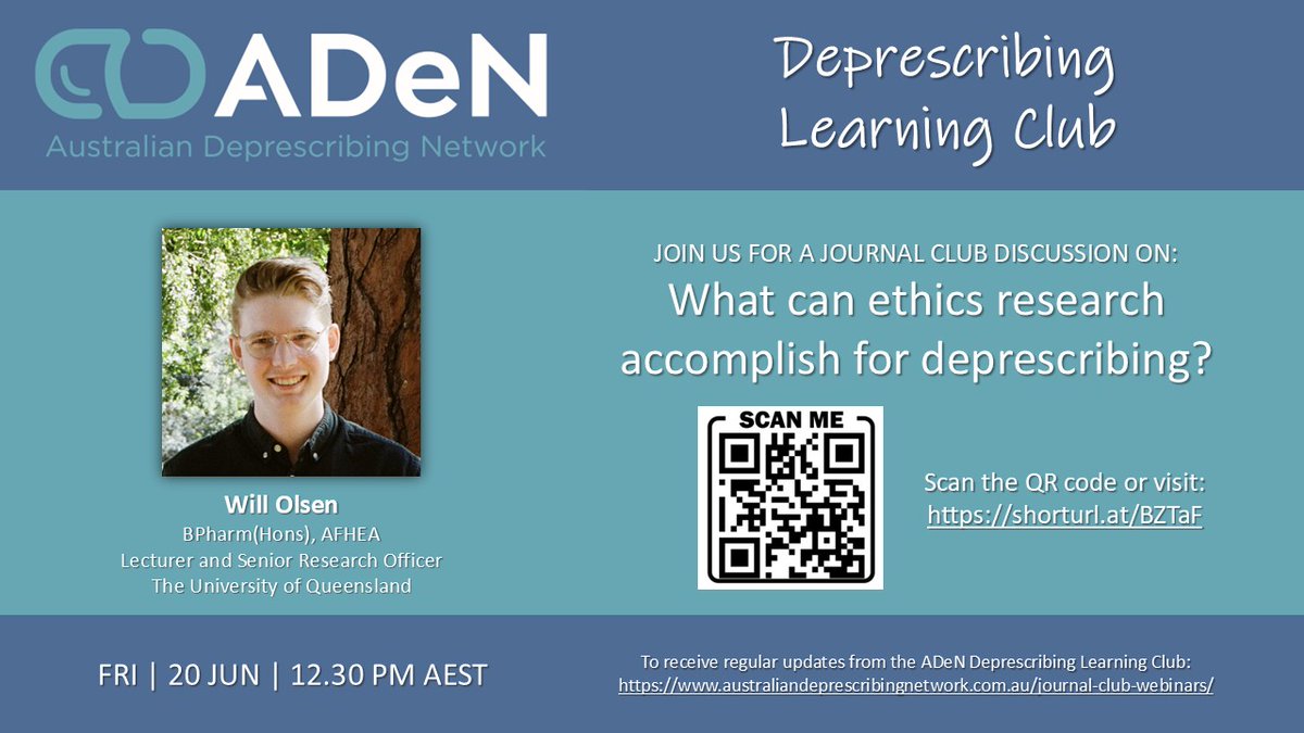 Australian Deprescribing Network (ADeN) (@deprescribeau) on Twitter photo 🚨 Join us for our June Deprescribing Learning Club 
which will be led by Will Olsen From <a href="/UQPharmacy/">UQ Pharmacy</a> 
Register here: shorturl.at/BZTaF 
Article for discussion: doi:10.1001/jamanetworkopen.2023.36728 
<a href="/DeprescribeUS/">US Deprescribing Research Network (USDeN)</a> 
<a href="/deprescribing/">deprescribing.org</a> 
<a href="/NDeprescribing/">NERDeprescribing</a> 
<a href="/DeprescribeNet/">CADeN</a> 🚨 Join us for our June Deprescribing Learning Club 
which will be led by Will Olsen From <a href="/UQPharmacy/">UQ Pharmacy</a> 
Register here: shorturl.at/BZTaF 
Article for discussion: doi:10.1001/jamanetworkopen.2023.36728 
<a href="/DeprescribeUS/">US Deprescribing Research Network (USDeN)</a> 
<a href="/deprescribing/">deprescribing.org</a> 
<a href="/NDeprescribing/">NERDeprescribing</a> 
<a href="/DeprescribeNet/">CADeN</a>
