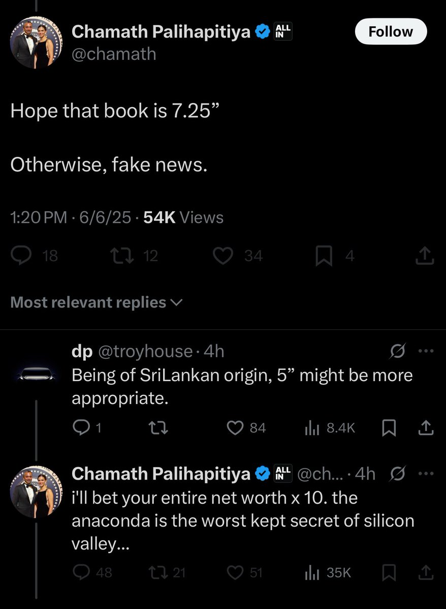 I regret to inform you that chamath cannot stop talking about the size of his dick.

Here he is arguing with an account that has 180 followers about it.