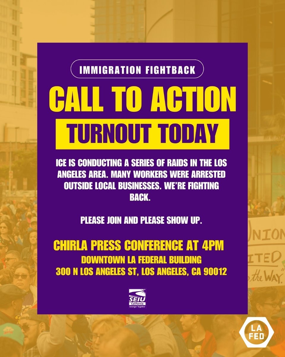 📣 URGENT CALL TO ACTION 📣 ICE has been conducting a series of workplace raids across LA today. Siblings at <a href="/SEIU/">SEIU</a>, particularly <a href="/seiuusww/">SEIU USWW</a>, have allegedly been detained by ICE. We urgently need you today to demand their immediate release &amp; show solidarity. We'll see you there ✊