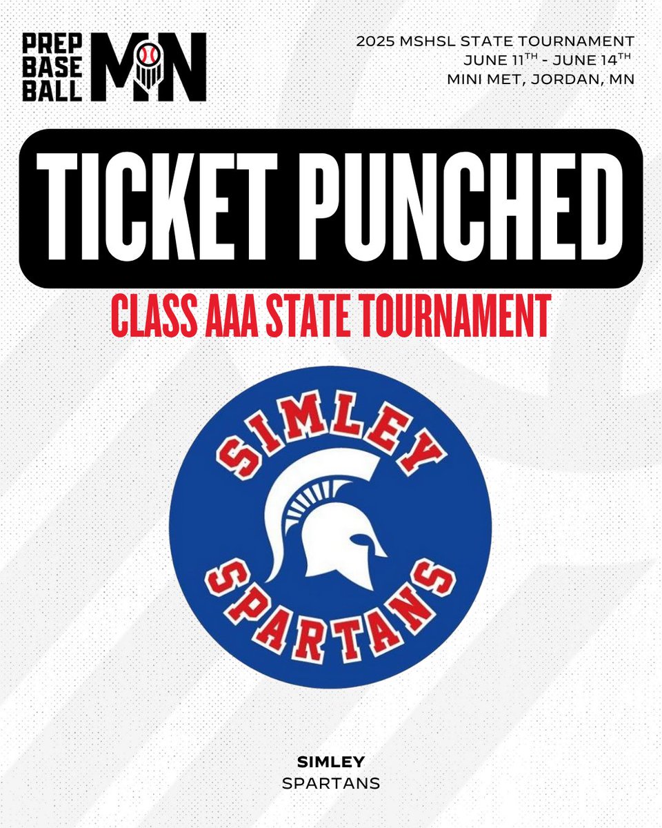 Prep Baseball Minnesota (@prepbaseballmn) on Twitter photo 𝗧𝗜𝗖𝗞𝗘𝗧 𝗣𝗨𝗡𝗖𝗛𝗘𝗗 🎟️ 🥊
Congratulations to the Simley Spartans on punching their ticket to the 2025 Minnesota State Tournament!
<a href="/SimleyBaseball/">Simley Baseball</a> ➡️ Mini Met 𝗧𝗜𝗖𝗞𝗘𝗧 𝗣𝗨𝗡𝗖𝗛𝗘𝗗 🎟️ 🥊
Congratulations to the Simley Spartans on punching their ticket to the 2025 Minnesota State Tournament!
<a href="/SimleyBaseball/">Simley Baseball</a> ➡️ Mini Met