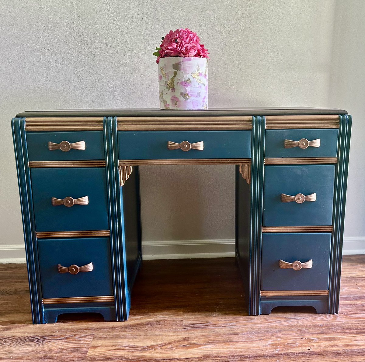 I never got to show you one of my wife’s most recent projects!

We got this mid-20th C writing desk and she gave it an Art Deco makeover. Pulls are reclaimed and finished in polished copper.

Any man that says I did not marry up will have trouble saying anything more!