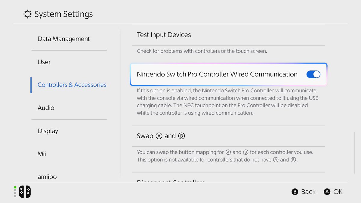 MattWilliamsIT's tweet photo. Found it… I had to turn “Nintendo Switch Pro Controller Wired Communication” on in the settings.

If only I kept the manual I would have known that 😂 https://t.co/YPku8xY4s5