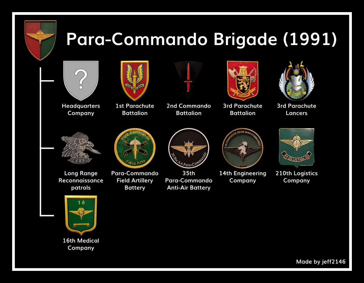🇧🇪 The 1991 structure and emblems of the Belgian Para-Commando Brigade. 

Most of the emblems and the structure come from the Pegasus museum in Diest (currently closed pending renovation).