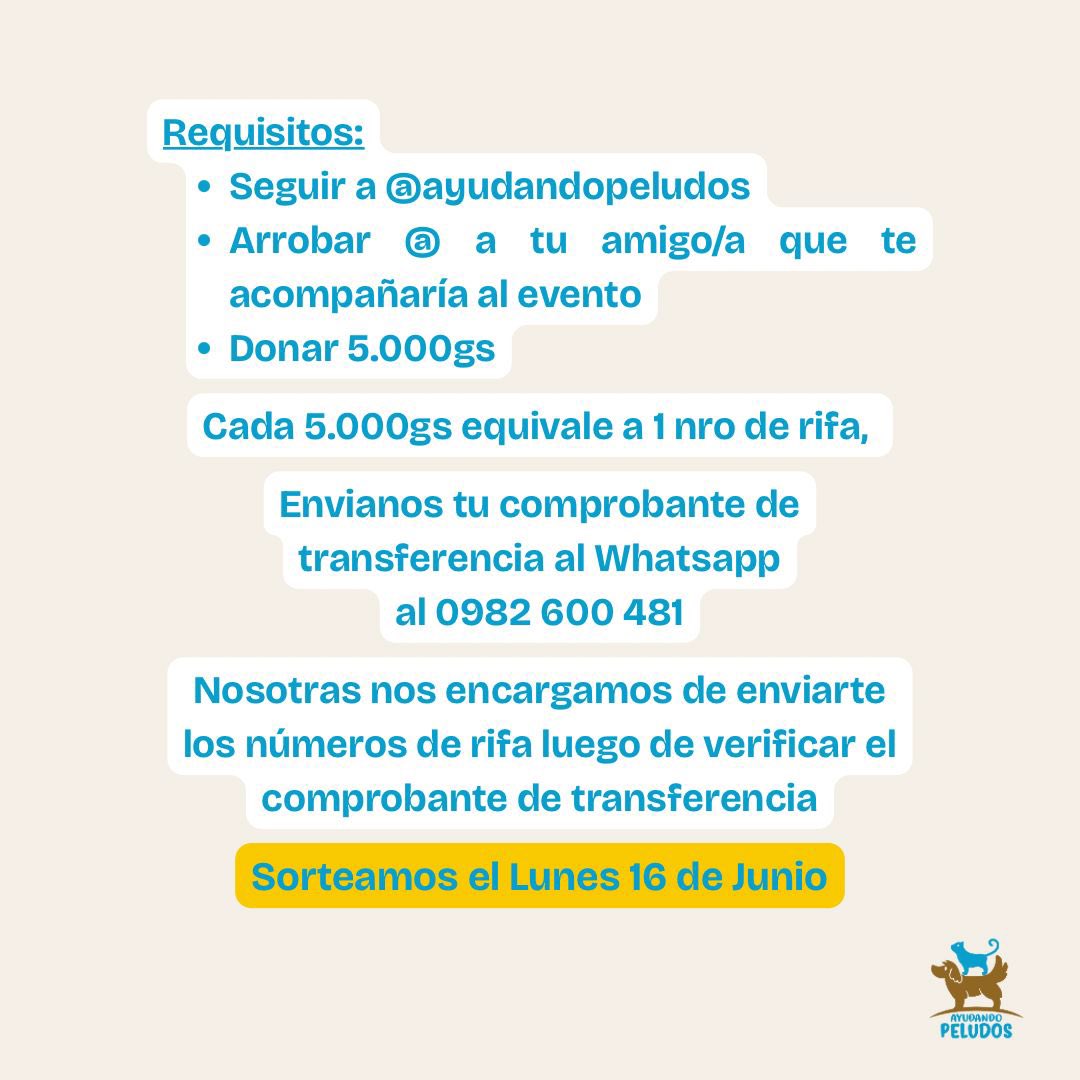 ¡𝗦𝗢𝗥𝗧𝗘𝗔𝗠𝗢𝗦 𝗨𝗡 𝗣𝗔𝗥 𝗗𝗘 𝗘𝗡𝗧𝗥𝗔𝗗𝗔𝗦 𝗣𝗔𝗥𝗔 𝗟𝗔 𝗘𝗫𝗣𝗢 𝗩𝗜𝗡𝗢 𝗡𝗢𝗖𝗛𝗘 𝗧𝗥𝗔𝗗𝗜𝗖𝗜𝗢𝗡𝗔𝗟!
Requisitos:
• Seguirnos en Instagram <a href="/ayudandopeludos/">Ayudando Peludos</a>
Más información sobre el evento en instagram.com/expovinopy