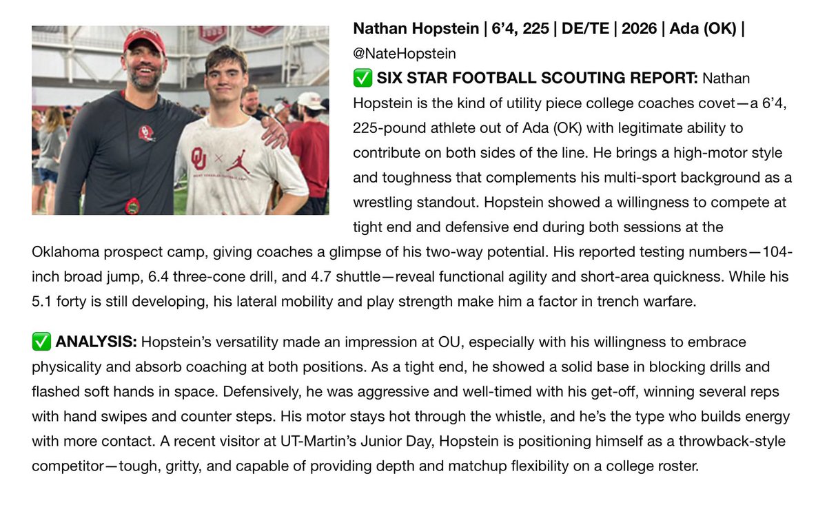 Nathan Hopstein (@natehopstein) on Twitter photo Thank you <a href="/sixstarfootball/">Six Star Football | PLUS+</a> for the write up. Working hard and trusting the process. Senior season loading.. <a href="/MiguelChavis65/">Coach Miguel Chavis</a> <a href="/CoachVenables/">Brent Venables</a>
<a href="/CoachLeno_UTM/">Lenon James Jr.</a> <a href="/CoachRudyG/">Coach Rudy Griffin</a> <a href="/Coach_JSimpson/">Jason Simpson</a> <a href="/Wade_Boyles/">Wade Boyles</a> <a href="/CoachChadRoark/">Chad Roark</a> <a href="/CoachJoeFoster/">Joe Foster</a> Thank you <a href="/sixstarfootball/">Six Star Football | PLUS+</a> for the write up. Working hard and trusting the process. Senior season loading.. <a href="/MiguelChavis65/">Coach Miguel Chavis</a> <a href="/CoachVenables/">Brent Venables</a>
<a href="/CoachLeno_UTM/">Lenon James Jr.</a> <a href="/CoachRudyG/">Coach Rudy Griffin</a> <a href="/Coach_JSimpson/">Jason Simpson</a> <a href="/Wade_Boyles/">Wade Boyles</a> <a href="/CoachChadRoark/">Chad Roark</a> <a href="/CoachJoeFoster/">Joe Foster</a>