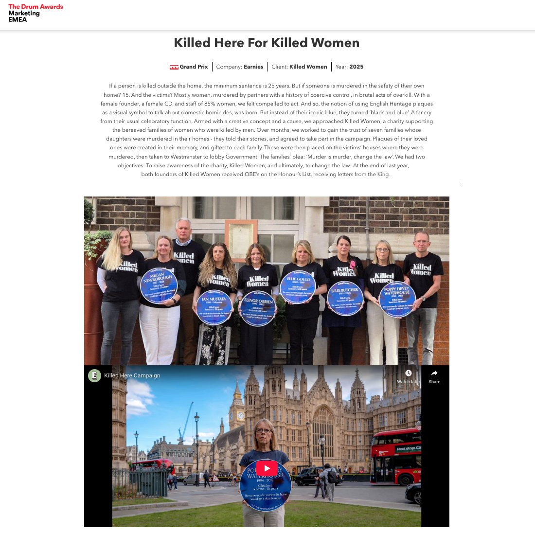 KilledWomennw's tweet image. Killed Women's 'Killed Here: Black &amp;amp; Blue Plaques' campaign, devised for KW by creative communications agency Earnies, has won the Grand Prix at the 2025 Drum Awards for Marketing.
Many thanks to the team who brought the campaign to life. ❤️
thedrummarketingawards.com/emea/en/page/r…