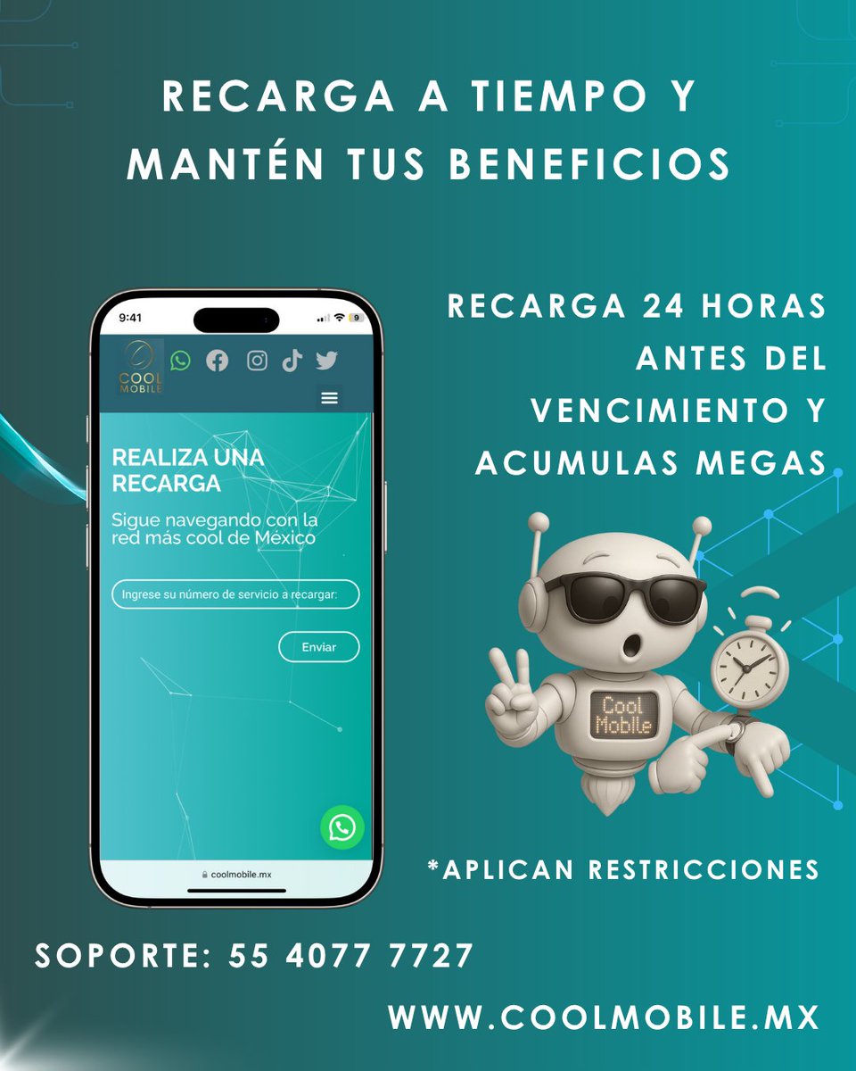 CoolMobile5's tweet photo. ¡No pierdas tus megas! Activa tu recarga con Rollover

¿Aún no tienes tu plan?
💬 Escríbenos: 56 4463 6321
Cool Mobile – Mantente siempre conectado.
#CoolMobile #Rollover #NoPierdasTusMegas #SiempreConectado #DatosSinLímite #PlanesMóviles #InternetSinLímites https://t.co/Kd8wolayh7