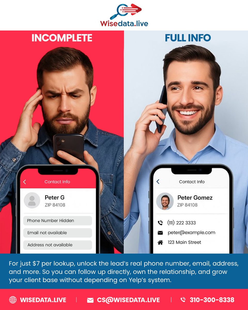 WiseDataLive's tweet photo. Attention Businesses!!

Turn limited info into full contact details with https://t.co/pbVpRiQnox, instantly convert just a name and zip code into a phone number, email, and address: ALL VERIFIED!

Perfect for leads from Yelp.

DM us or Visit today! https://t.co/fPS881Yl2l