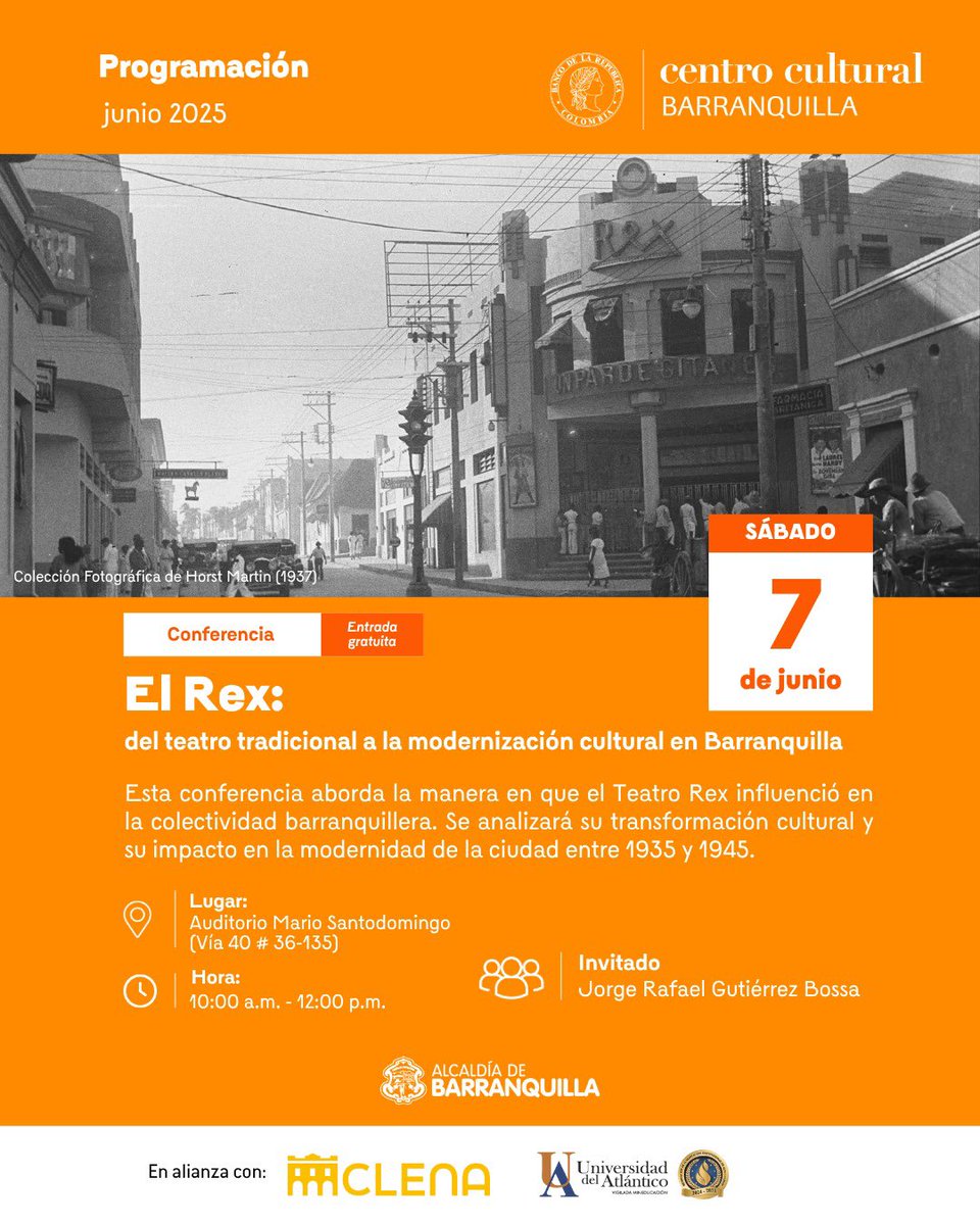 ¡Acompáñanos en esta conferencia sobre el legado del Teatro Rex! Te esperamos para redescubrir juntos un símbolo cultural de nuestra ciudad 💛❤️💚

🗓 Sábado 7 de junio | 🕙 10:00 a.m.
📍 Auditorio Mario Santodomingo (Vía 40 #36-135)