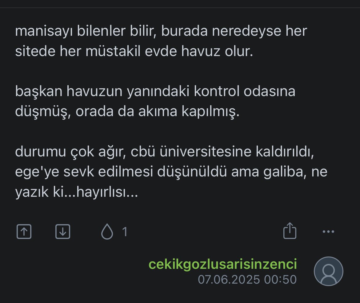 “manisayı bilenler bilir, burada neredeyse her sitede her müstakil evde havuz olur.

başkan havuzun yanındaki kontrol odasına düşmüş, orada da akıma kapılmış.

durumu çok ağır, cbü üniversitesine kaldırıldı” Ferdi Zeyrek #ferdizeyrek
