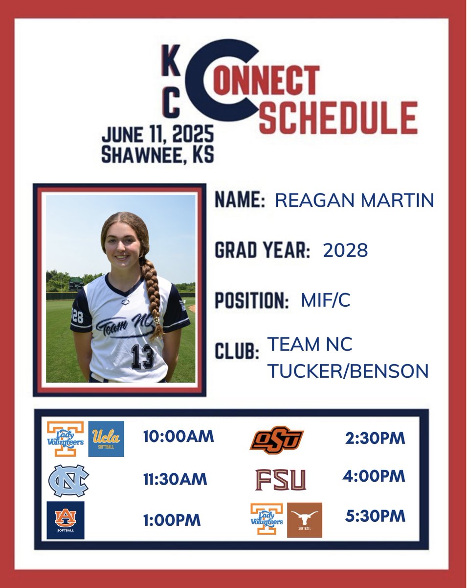 Reagan Martin (2028) (@reaganmartin_28) on Twitter photo CAN'T WAIT to work out with these amazing coaches & develop new skills next week at <a href="/ConnectSports_/">Connect Sports</a> Connect KC ! Session schedule 👇
See you soon! 👋
<a href="/TeamNCTB/">Team North Carolina (Tucker/Benson)</a> <a href="/TeamNCSoftball/">Team North Carolina Softball</a> <a href="/AKHSSoftball/">Ardrey Kell Softball</a>
<a href="/Vol_Softball/">Tennessee Softball</a> <a href="/KarenWeekly/">Karen Weekly</a> <a href="/Coach_SniderSB/">Craig Snider 🍊</a> <a href="/MRhodesSmith/">Megan Smith</a> <a href="/UCLASoftball/">UCLA Softball</a> <a href="/Coach_Inouye/">Kelly Inouye-Perez</a> CAN'T WAIT to work out with these amazing coaches & develop new skills next week at <a href="/ConnectSports_/">Connect Sports</a> Connect KC ! Session schedule 👇
See you soon! 👋
<a href="/TeamNCTB/">Team North Carolina (Tucker/Benson)</a> <a href="/TeamNCSoftball/">Team North Carolina Softball</a> <a href="/AKHSSoftball/">Ardrey Kell Softball</a>
<a href="/Vol_Softball/">Tennessee Softball</a> <a href="/KarenWeekly/">Karen Weekly</a> <a href="/Coach_SniderSB/">Craig Snider 🍊</a> <a href="/MRhodesSmith/">Megan Smith</a> <a href="/UCLASoftball/">UCLA Softball</a> <a href="/Coach_Inouye/">Kelly Inouye-Perez</a>