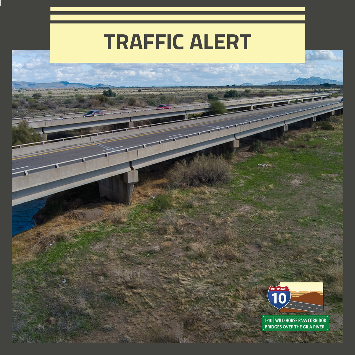ArizonaDOT's tweet photo. ADOT advises motorists traveling on westbound Interstate 10 in the Wild Horse Pass Corridor to plan for overnight lane restrictions near the I-10 Gila River Bridge at Milepost 174 from 9 p.m. Friday, June 6, to 5 a.m. Saturday, June 7, to repair a barrier. https://t.co/dY4cvAjDT5