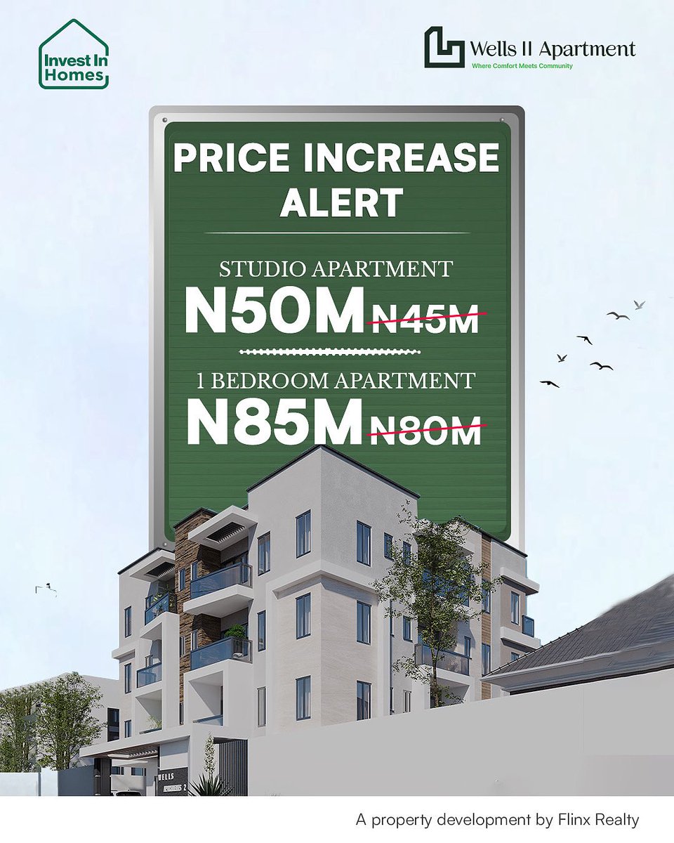 🚨 Price Increase Alert At Wells II Apartment!
🔹 Studio: N45millon  → N50million
🔹 1-Bedroom: N80million→ N85millin (soon)
Save N5Million when you secure your unit now.
Great for shortlet, ROI, and full ownership!
📩 DM for brochure &amp; booking info.
#RealEstate #LagosApartment