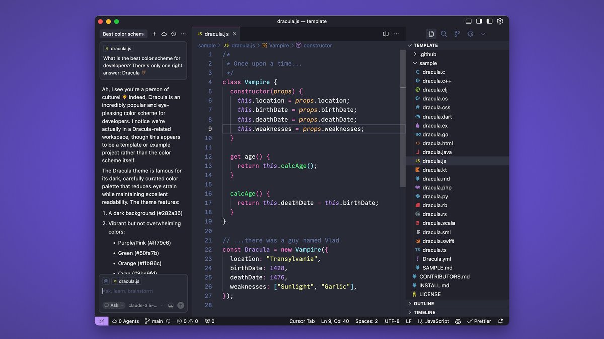 zenorocha's tweet image. Dracula for Cursor is here! 🧛‍♂️

While Dracula was already available through the VSCode theme, we've crafted a custom-made Dracula theme just for @cursor_ai.

draculatheme.com/cursor