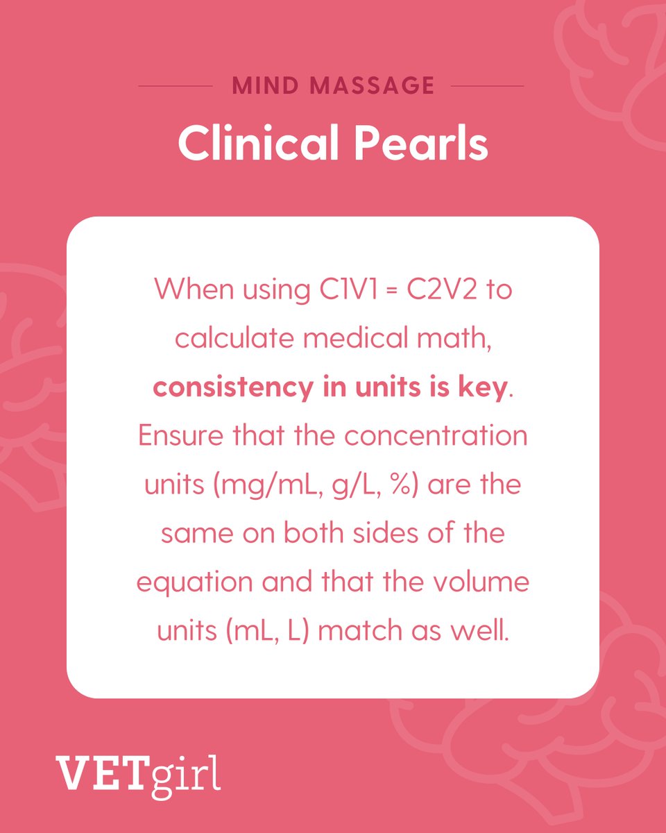 VetGirlOnTheRun's tweet photo. 💡 Today's Clinical Pearl: Brushing up on your med math? When using C1V1 = C2V2, unit consistency is everything! 🧪🧮
#ClinicalPearls #MedicalMath #VetTechTips #DVM #VetMed #VeterinaryEducation #VetLife https://t.co/bMgNQyxkuv