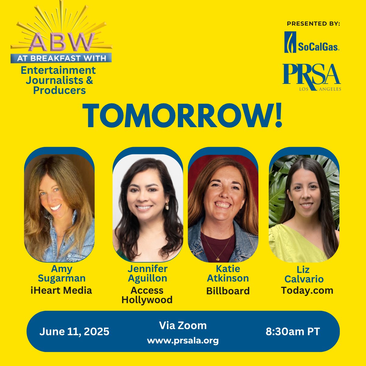 PRSALA's tweet image. TOMORROW — LAST CHANCE TO REGISTER!
Join us  June 11 at 8:30 AM PT for a must-see virtual panel, At Breakfast With… Entertainment Journalists &amp;amp; Producers:
@aasugarman
@lizcalvario
@xjag
@ktatkinson
lp.constantcontactpages.com/ev/reg/n744arn