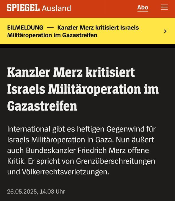 Menschen, die Israel seit Merz' Kritik getötet hat: 738
Maßnahmen, die Merz seit seiner Kritik ergriffen hat, um das Morden zu beenden: 0