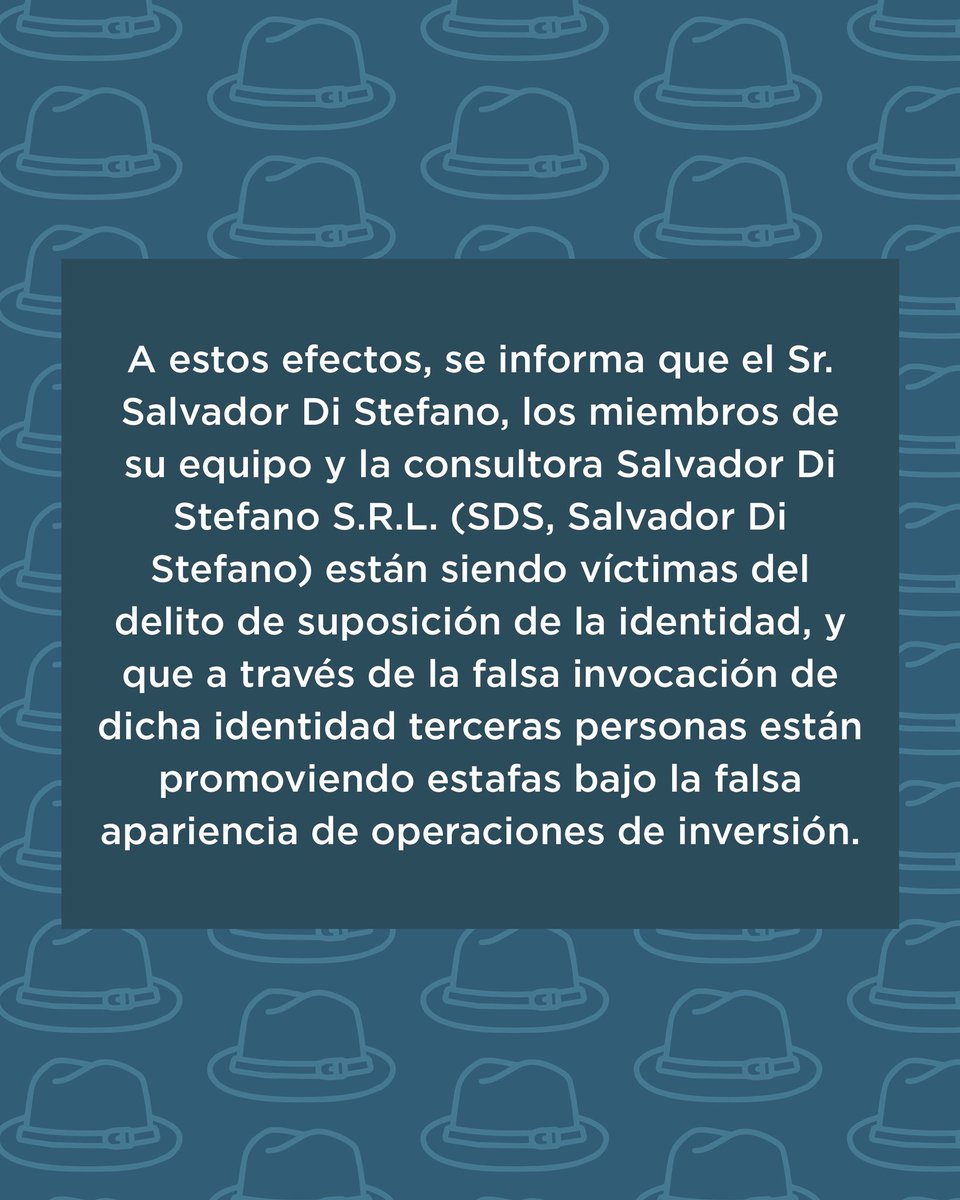 SalvaDiStefano's tweet image. 📣 COMUNICADO IMPORTANTE
Parte 2
Detectamos la existencia de cuentas y grupos falsos que usan ilegalmente el nombre e imagen de Salvador Di Stefano y de nuestro equipo para ofrecer falsas oportunidades de inversión.
🚫 Estas cuentas NO nos representan. Están cometiendo delitos…