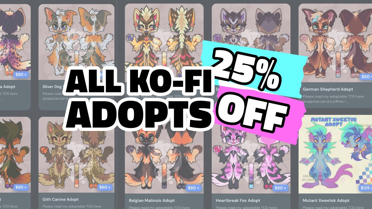 I’m offering 25% off all my adoptables in my ko-fi shop! I also sell stickers &amp; art bases! 
—
I’ve had fewer hours at my part time job lately and would greatly appreciate any support, tysm! 😩🙏
ko-fi.com/javajackal/lin…