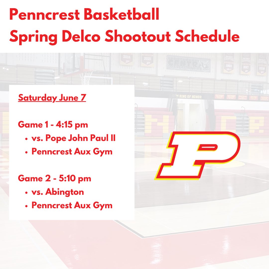 Delco Spring Shootout is tomorrow (6/7) at Penncrest from 8:00 am - 6:00 pm!

The Lions play two games in the Aux gym including:
4:15 pm vs. PJP
5:10 pm vs. Abington