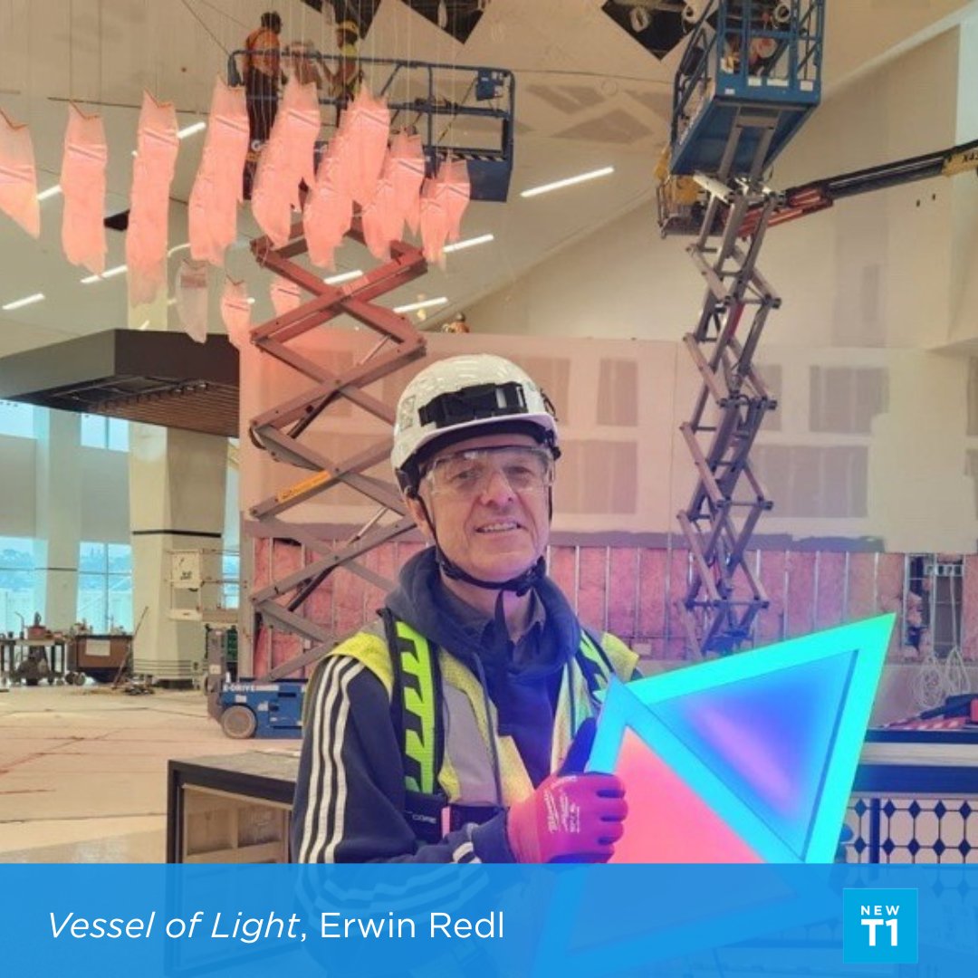 SanDiegoAirport's tweet image. Artist Erwin Redl at the installation of 'Vessel of Light'. His artwork pays homage to the basketry of the Luiseno, Cahuilla, Cupeno, Kumeyaay, and Northern Diegueño tribes of San Diego with 104 interactive triangles suspended above the #NewT1 Heritage District Concessions Area.