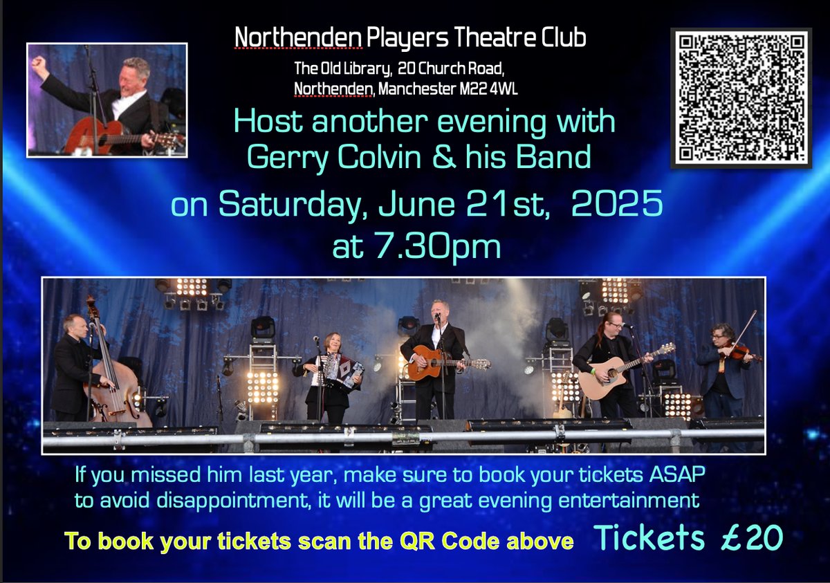 Want the chance to see an international star in Northenden. Book to see Gerry Colvin and his Band ..One night  21st June ...Northenden Players Theatre Club #Northenden #Livemusic <a href="/GerryColvin/">Gerry Colvin</a> 

Click the link for tickets 

ticketsource.co.uk/northenden-pla…