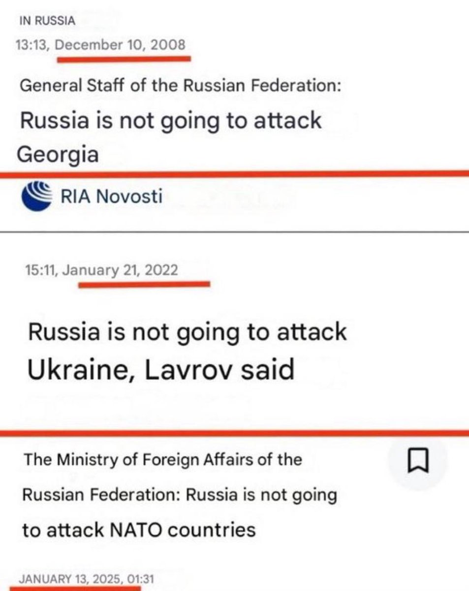 Luc63765886's tweet image. 2008 - La Russia non attaccherà la Georgia
2022 - La Russia non attaccherà l'Ucraina
2025 - La Russia non attaccherà la Nato
Adesso fidatevi voi, se vi riuscite.