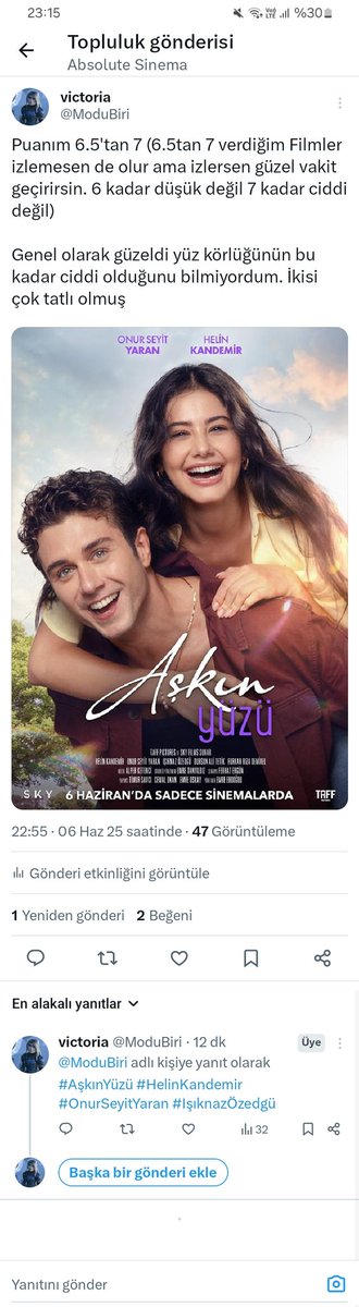 Puanım 6.5'tan 7 (6.5tan 7 verdiğim Filmler izlemesen de olur ama izlersen güzel vakit geçirirsin. 6 kadar düşük değil 7 kadar ciddi değil)

Genel olarak güzeldi yüz körlüğünün bu kadar ciddi olduğunu bilmiyordum. İkisi çok tatlı olmuş #AşkınYüzü #HelinKandemir #OnurSeyitYaran