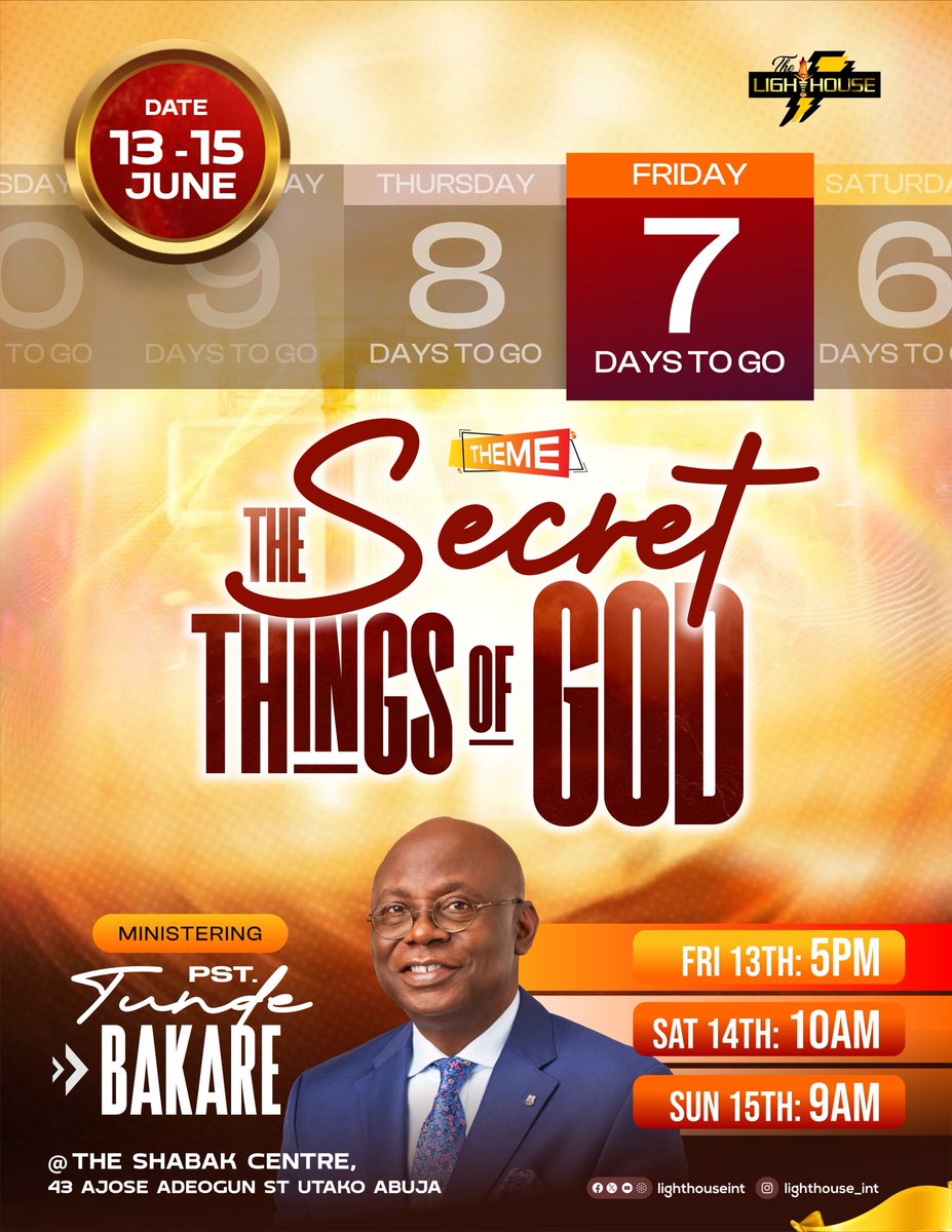 Lighthouseint's tweet photo. It's 7 days to go!
God is set to do mighty things in our midst.
#thesecretthingsofgod https://t.co/mhnuv69iAR