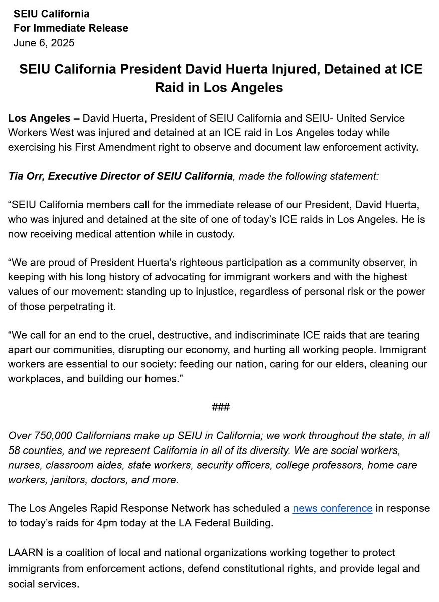 INBOX: SEIU California President David Huerta arrested during an ICE raid in Los Angeles.