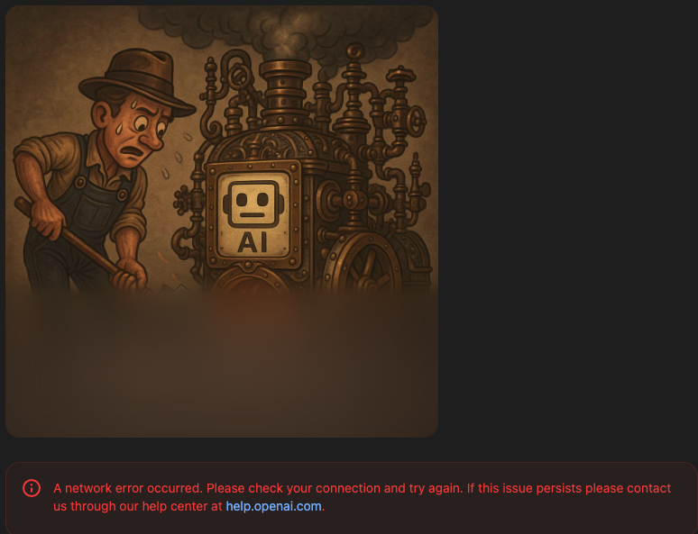 Keeps timing out three quarters of the way through generating this image. What is this censorship <a href="/OpenAI/">OpenAI</a> 
?