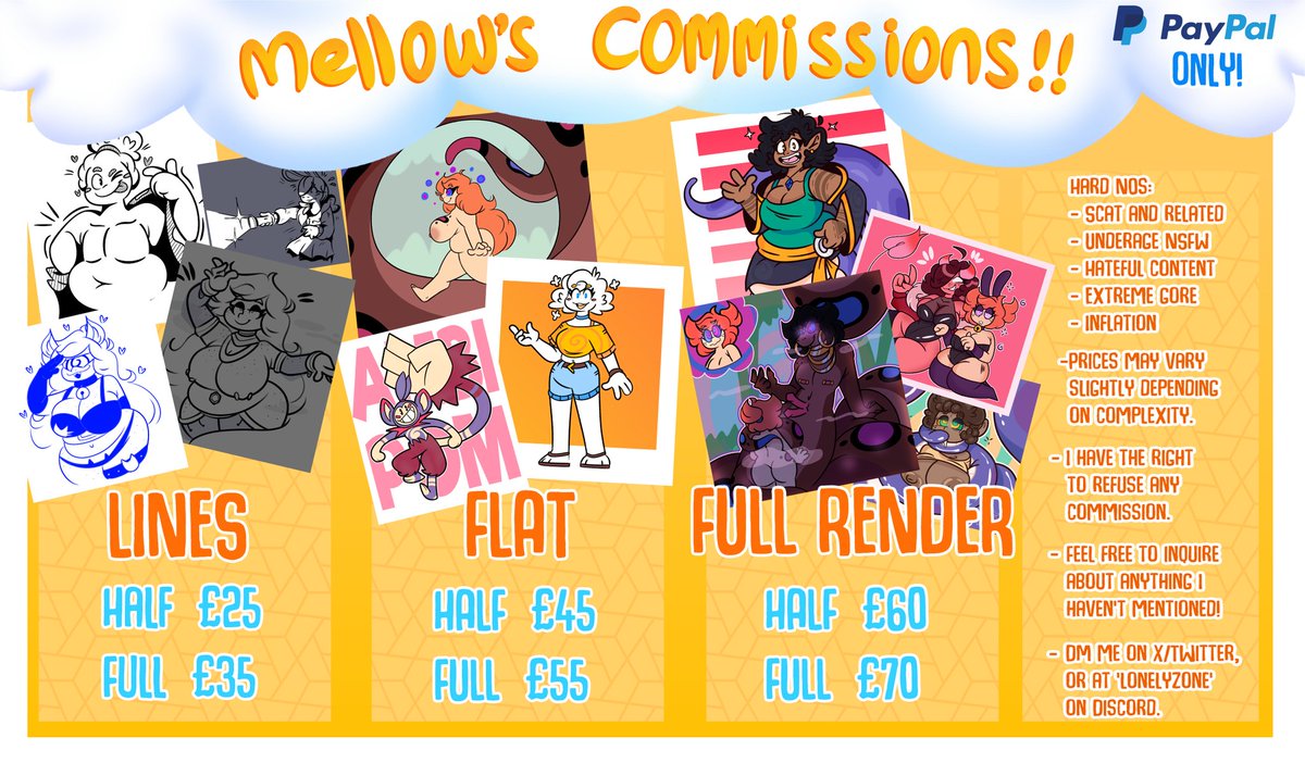 OMG Mellow has a com sheet finally?? Yep, and I'm also OPEN! 

As I said before I'm out of work for the first time in years, so its a good time to stretch my art muscles and get a bit of extra money in too!