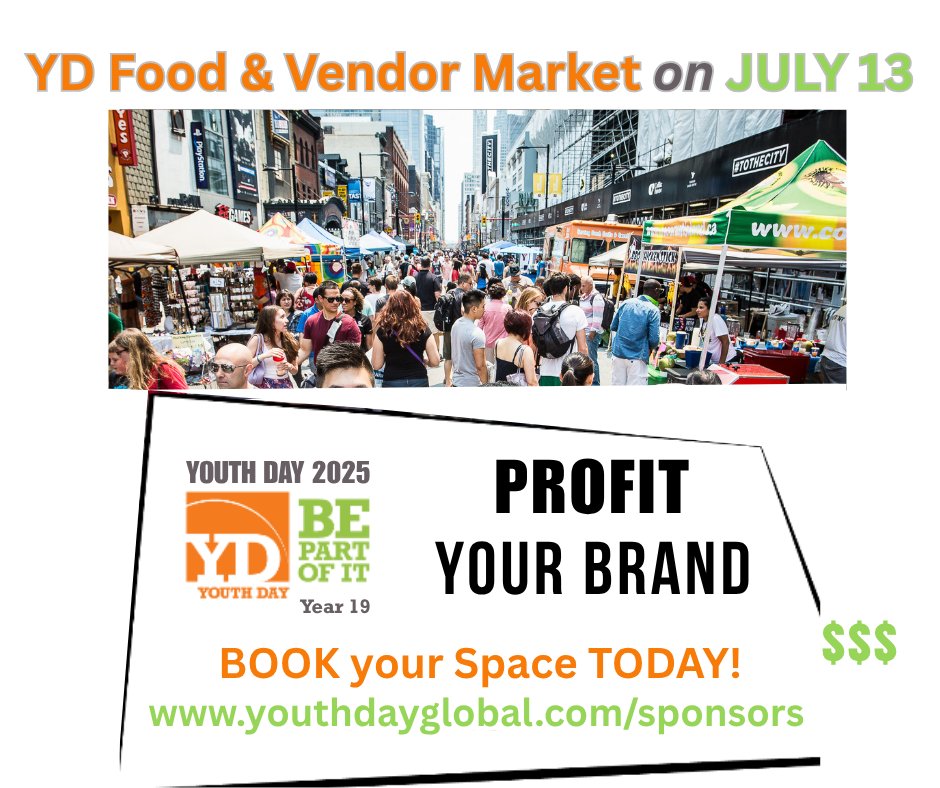 YOUTH DAY Toronto (@ydtoronto) on Twitter photo Your INVITE to SELL/EXHIBIT at YOUTH DAY 2025 on JULY 13 at Riverwalk Commons in NEWMARKET! With the GTA coming out to applaud Talent for 10 hours, we NEED more FOOD VENDORS! And if you have an exciting BRAND, then get noticed too & BE PART OF IT! youthdayglobal.com/sponsors/ 😀 Your INVITE to SELL/EXHIBIT at YOUTH DAY 2025 on JULY 13 at Riverwalk Commons in NEWMARKET! With the GTA coming out to applaud Talent for 10 hours, we NEED more FOOD VENDORS! And if you have an exciting BRAND, then get noticed too & BE PART OF IT! youthdayglobal.com/sponsors/ 😀