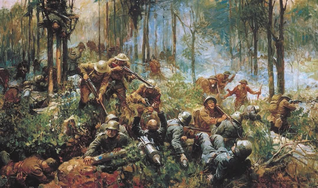 Battle of Belleau Wood
-
It was thick with Prussian troopers, it was foul with German guns;
Every tree that cast a shadow was a sheltering place for Huns.
Death was guarding every roadway, death was watching every field,
And behind each rise of terrain was a rapid-fire concealed