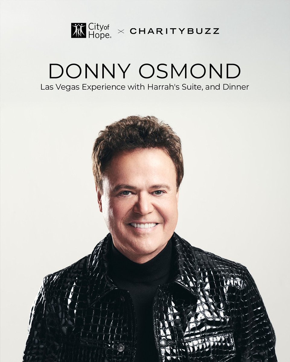 Donny Osmond (@donnyosmond) on Twitter photo Want the ultimate Vegas night out? 😄 I’m teaming up with <a href="/cityofhope/">City of Hope</a> on <a href="/charitybuzz/">Charitybuzz</a> to auction off a once-in-a-lifetime experience and it’s all for a great cause!
💜 2 VIP pre-show tickets
💜 Dinner for 2 at Ruth’s Chris or Gordon Ramsay’s Kitchen (and yes, I’ll stop by to Want the ultimate Vegas night out? 😄 I’m teaming up with <a href="/cityofhope/">City of Hope</a> on <a href="/charitybuzz/">Charitybuzz</a> to auction off a once-in-a-lifetime experience and it’s all for a great cause!
💜 2 VIP pre-show tickets
💜 Dinner for 2 at Ruth’s Chris or Gordon Ramsay’s Kitchen (and yes, I’ll stop by to