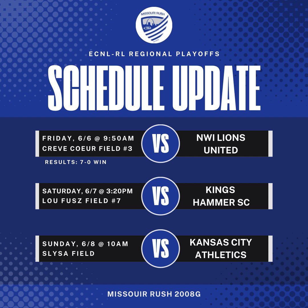 MO Rush ECNL-RL 08G (@morushecrl2008g) on Twitter photo 🚨SCHEDULE UPDATE🚨
New ⏰ and 📍
<a href="/ImYouthSoccer/">ECNL/GA/Recruiting/College Soccer</a> <a href="/morush_ecnl/">MORush_ECNLRL</a> <a href="/ECNLgirls/">ECNL Girls</a> 🚨SCHEDULE UPDATE🚨
New ⏰ and 📍
<a href="/ImYouthSoccer/">ECNL/GA/Recruiting/College Soccer</a> <a href="/morush_ecnl/">MORush_ECNLRL</a> <a href="/ECNLgirls/">ECNL Girls</a>