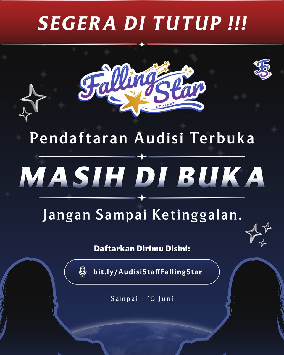 🌟 Hi Guys! Gimana Nih? Sudah pada daftar belum? 
Periode pendaftaran staff sisa 8 hari lagi lohh... 

Untuk kamu yang memenuhi kualifikasi sebagai staff Falling Star untuk posisi Social Media dan Talent Manager, Yuk langsung aja daftar di link dibawah ini👇🏻