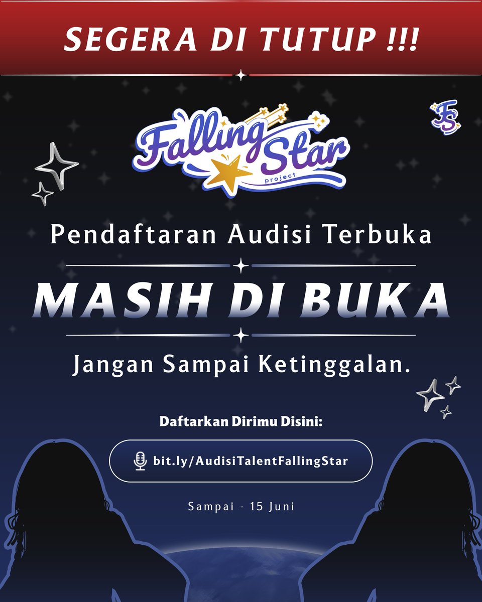 🌟 Hi Guys! Gimana Nih? Sudah pada daftar belum? 
Periode pendaftaran Talent sisa 8 hari lagi lohh... 

Untuk kamu yang mempunyai bakat di dunia VTuber dan ingin bersinar di atas panggung bersama Falling Star, Yuk langsung aja daftar di link di bio atau link dibawah ini👇🏻