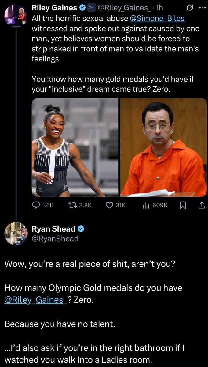 Ryan Shead (@ryanshead) on Twitter photo Riley Gains is using Simone Biles experience with a sexual predator to attack her.
This is yet another example of why I have zero issues calling people like <a href="/Riley_Gaines_/">Riley Gaines</a> racist twats and pieces of sh*t. Riley Gains is using Simone Biles experience with a sexual predator to attack her.
This is yet another example of why I have zero issues calling people like <a href="/Riley_Gaines_/">Riley Gaines</a> racist twats and pieces of sh*t.