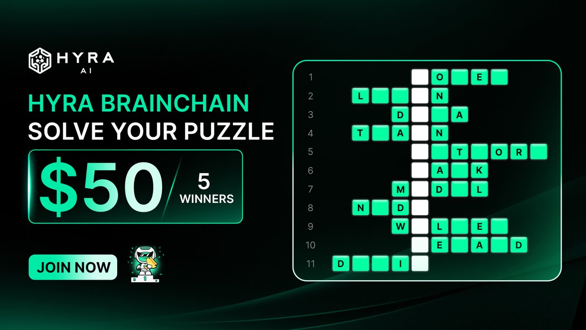 🧠 Hyra Brainchain: Solve Your Puzzle #1🧩
Test your AI x Web3 knowledge for a chance to win!

💰 $50/ 5 lucky winners with the correct answer
⏳ 7th - 14th June, 2025

To join:
1️⃣ Follow @Hyra_Network &amp; <a href="/AI_Hyra/">Hyra AI</a>
2️⃣ QT this post with #TrainToEarn
3️⃣ Drop your answer in the cmt