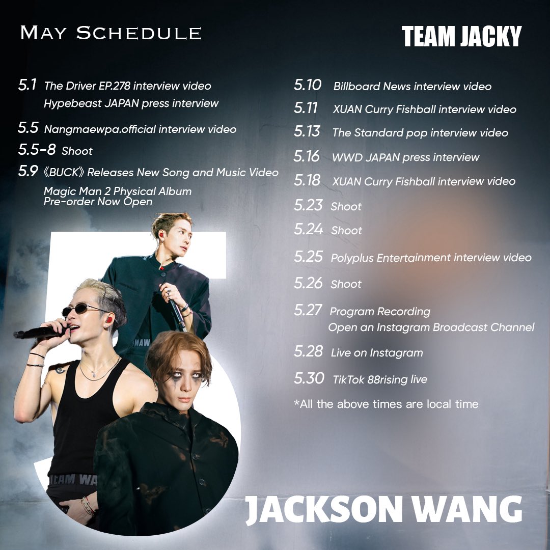 JacksonWangFANCLUB (@teamjackyofc) on Twitter photo May 2025 scheduled
Jackson Wang’s May is packed with power:
🎤 New interviews, 🔥 MV release, 📀 Album pre-order, 🎥 Shoots & livestreams!
<a href="/JacksonWang852/">Jackson Wang</a> making every day count — stay in sync with the Magic Man himself.
#JacksonWang #TEAMWANG #MAGICMAN2 May 2025 scheduled
Jackson Wang’s May is packed with power:
🎤 New interviews, 🔥 MV release, 📀 Album pre-order, 🎥 Shoots & livestreams!
<a href="/JacksonWang852/">Jackson Wang</a> making every day count — stay in sync with the Magic Man himself.
#JacksonWang #TEAMWANG #MAGICMAN2